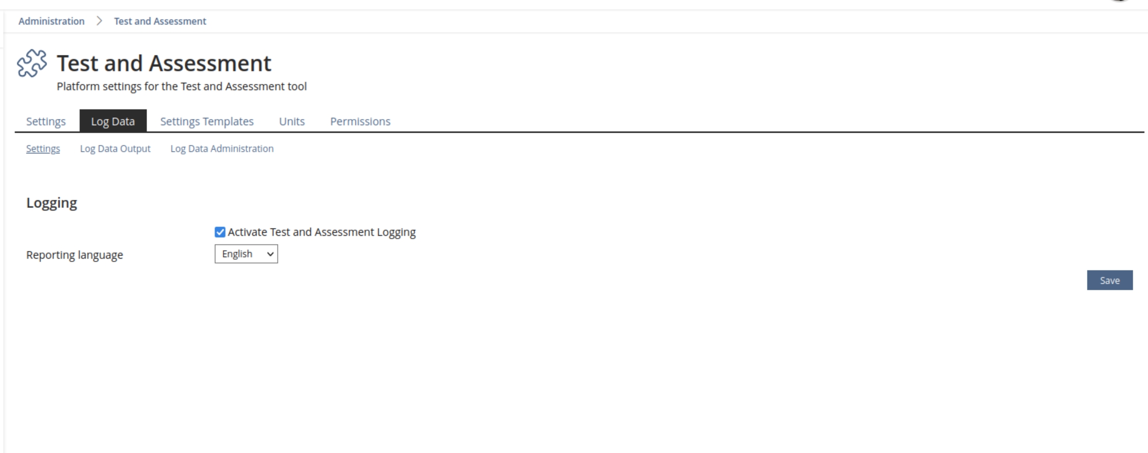 The image shows the settings for logging in the administration. The Logging can be activated and a language for logging can be set. It also shows the additional subtabs 'Log Data Output' and 'Log Data Administration' underneath the tab 'Log Data'.