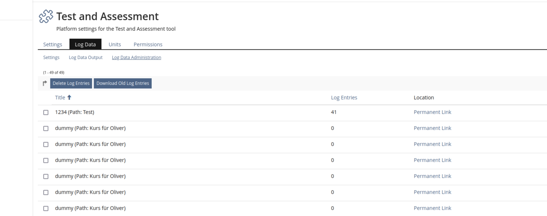 Shows the Administration of the Test with the tab "Log Data" and the sub tab "Log Data Administration" selected. It shows a second entry in the Toolbar of the table to the left of the button "Delete Log Entries" labeled "Download Old Log Entries".