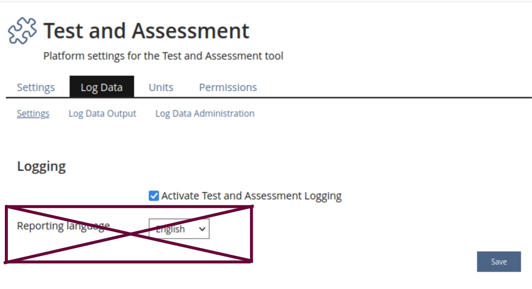 Shows the settings screen for "Log Data" with "Reporting Language" crossed out.