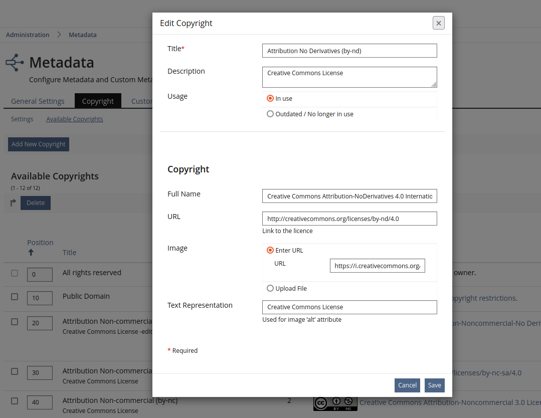 'Edit Copyright' modal