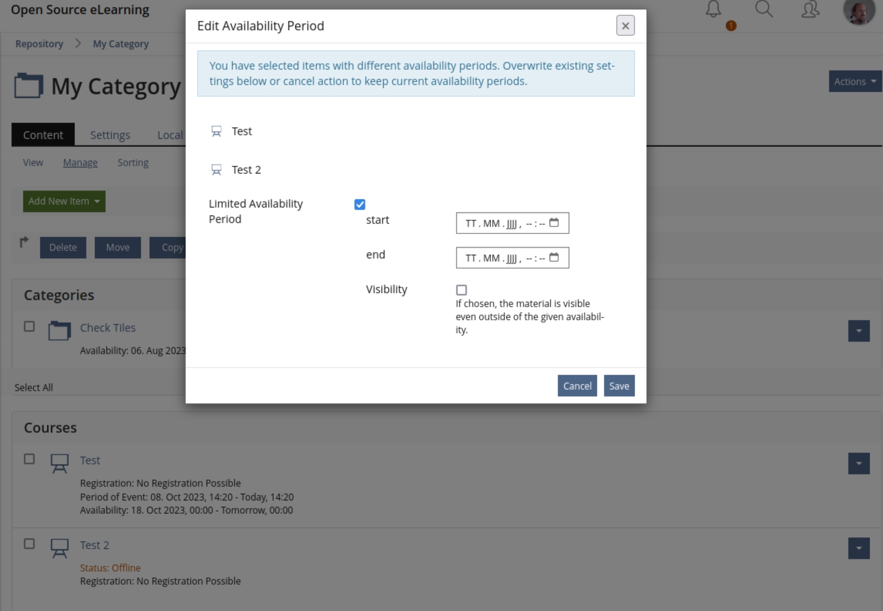 Shows the new modal to edit availability periods showing the affected objects first and then a form containing a checkbox "Limited Availability Period" and three subinputs labeled "start", "end" and "Visibility". The form can be saved or canceled.