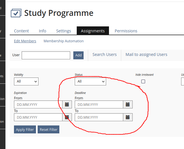 A screenshot showing the new filter element for "Deadline" on top of the assignment table.