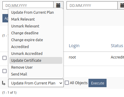 Shows a Multi-Action "Update Certificate" beneath the assignment table of the study programme.