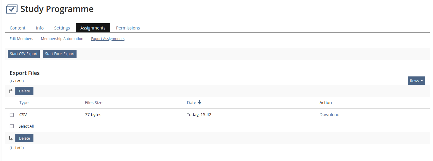 A table of "Export Files" in the tab Assignments > Export Assignments below a Study Programme.