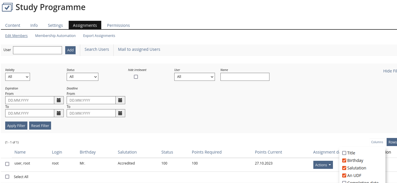 Assignments table in the Study Programme with an expanded "Columns" selection, showing some user data fields that can be displayed in the table.