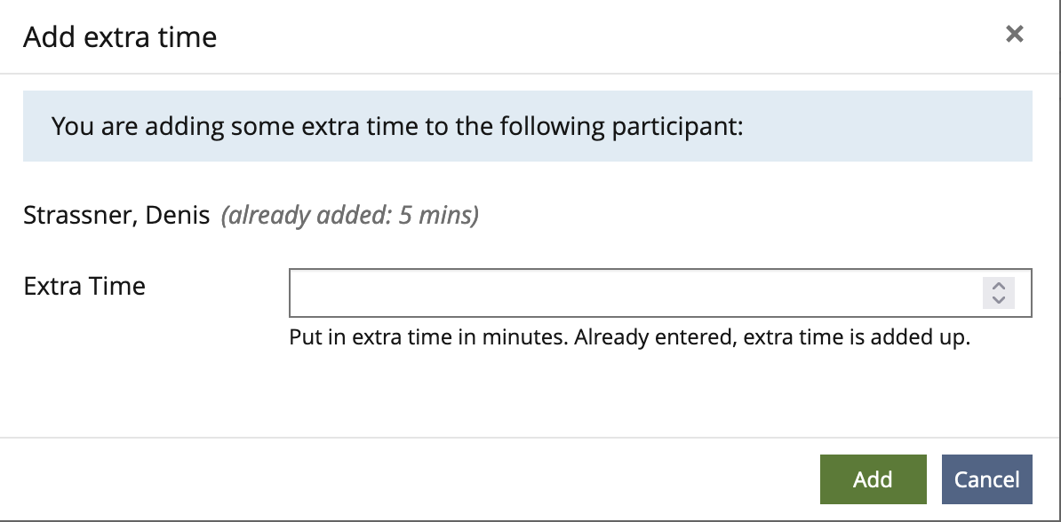 Mockup Modal "Add extra time for one participant"