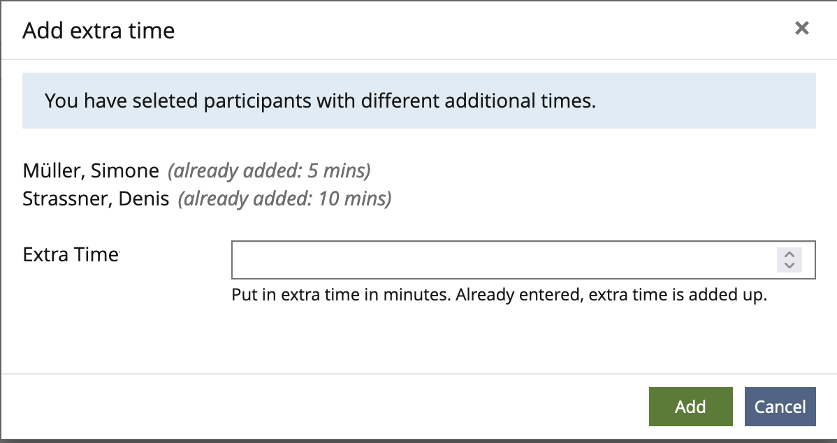 Mockup Modal "Add extra time for selected participant with different additional times"