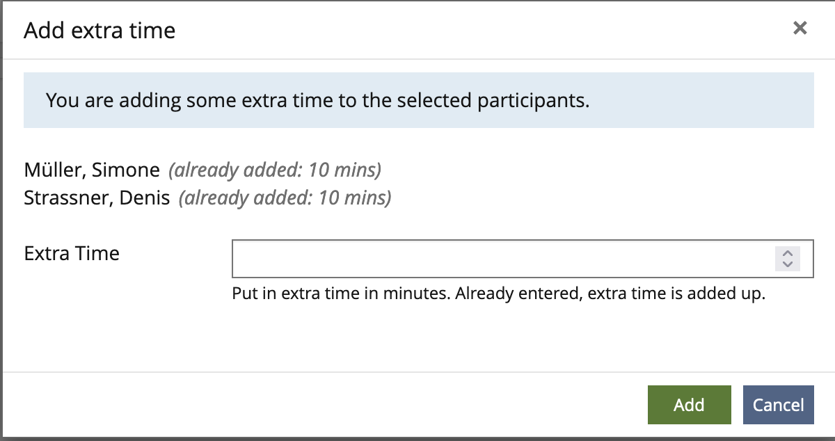 Mockup Modal "Add extra time for selected participant with same additional times"