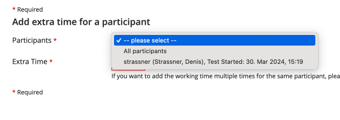 Screenshot ILIAS 9 - Participant Tab Test - Subtab Extra Time - Screen Add extra Time - Dropdown Participants