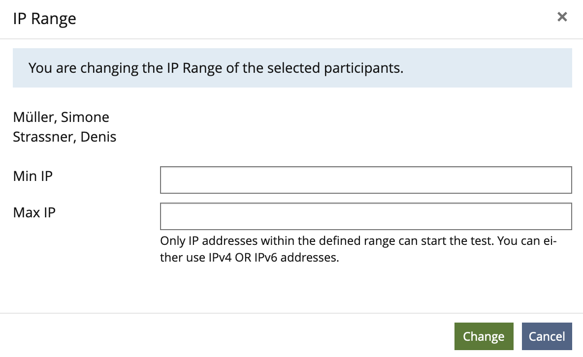 Mockup Modal IP Range "Change IP Range for selected participants"