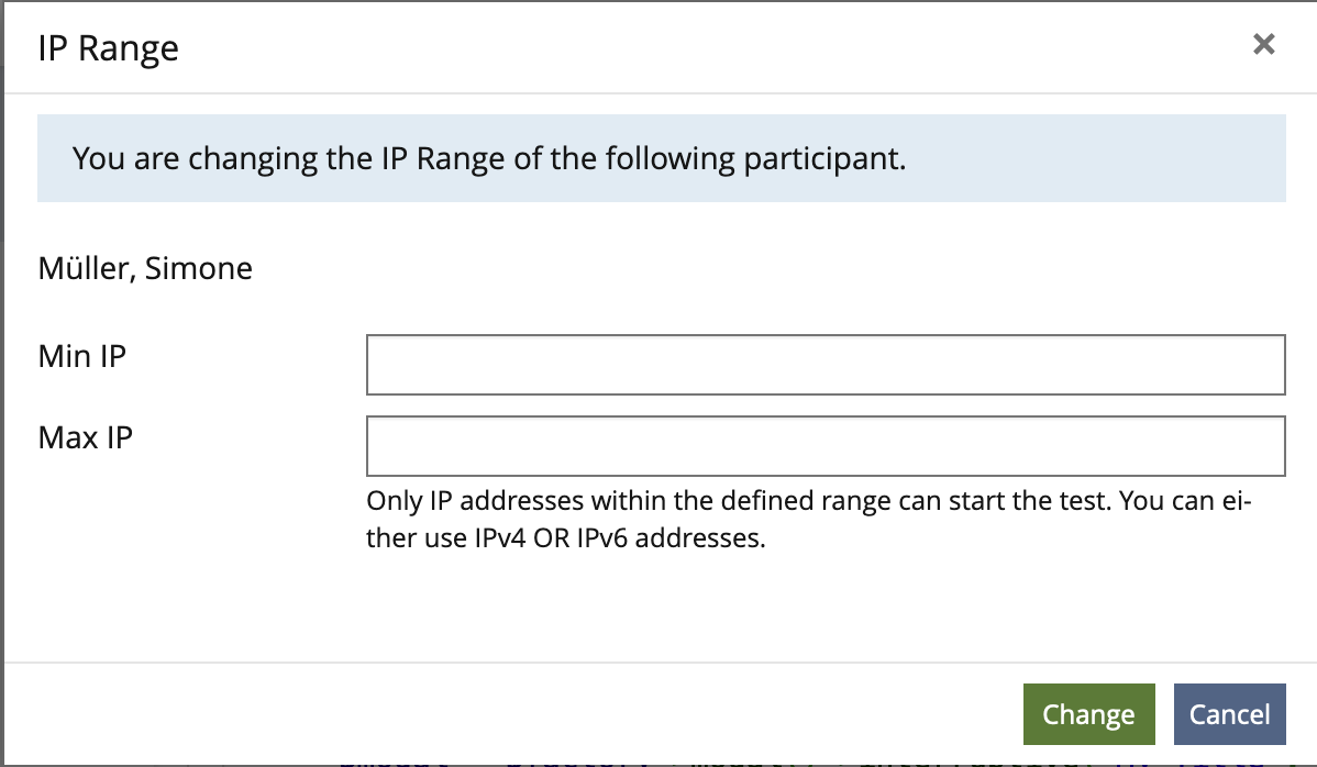 Mockup Modal IP Range "Change IP Range for one participant"