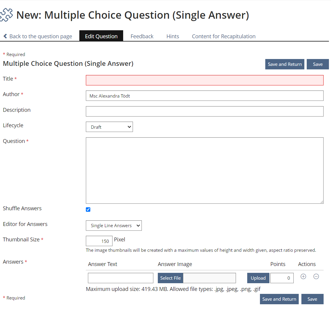 Screenhost of test question creation