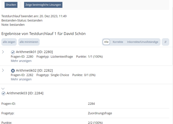 Übersicht der Testergebnisse eines Teilnehmers