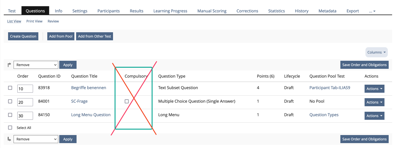 Screenshot of the questions table with diagonal lines to clarify what is being removed.