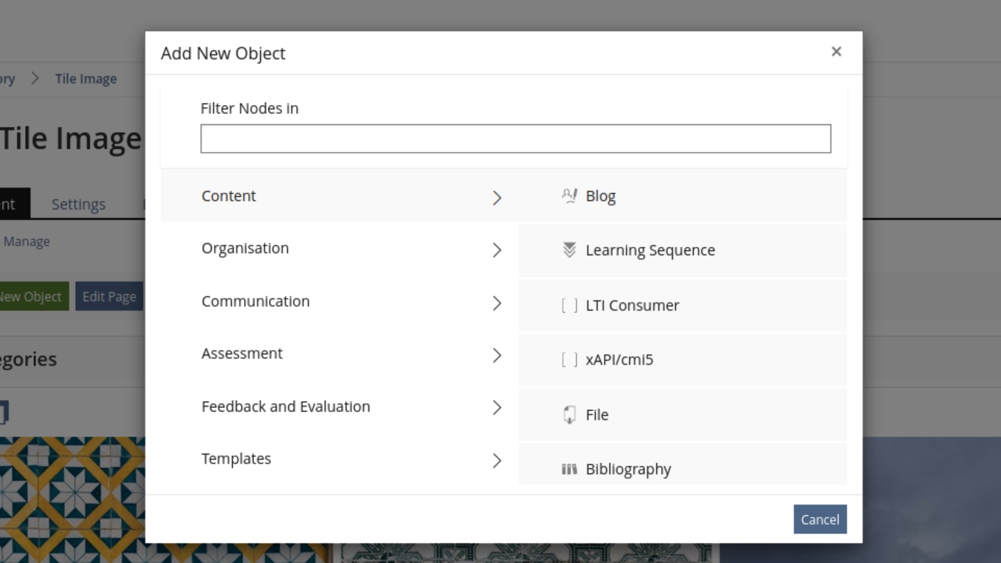 Shows the "Add New Object" modal displaying the catogries on the left and the object types in the selected category on the right. On top there is a field for filtering the nodes