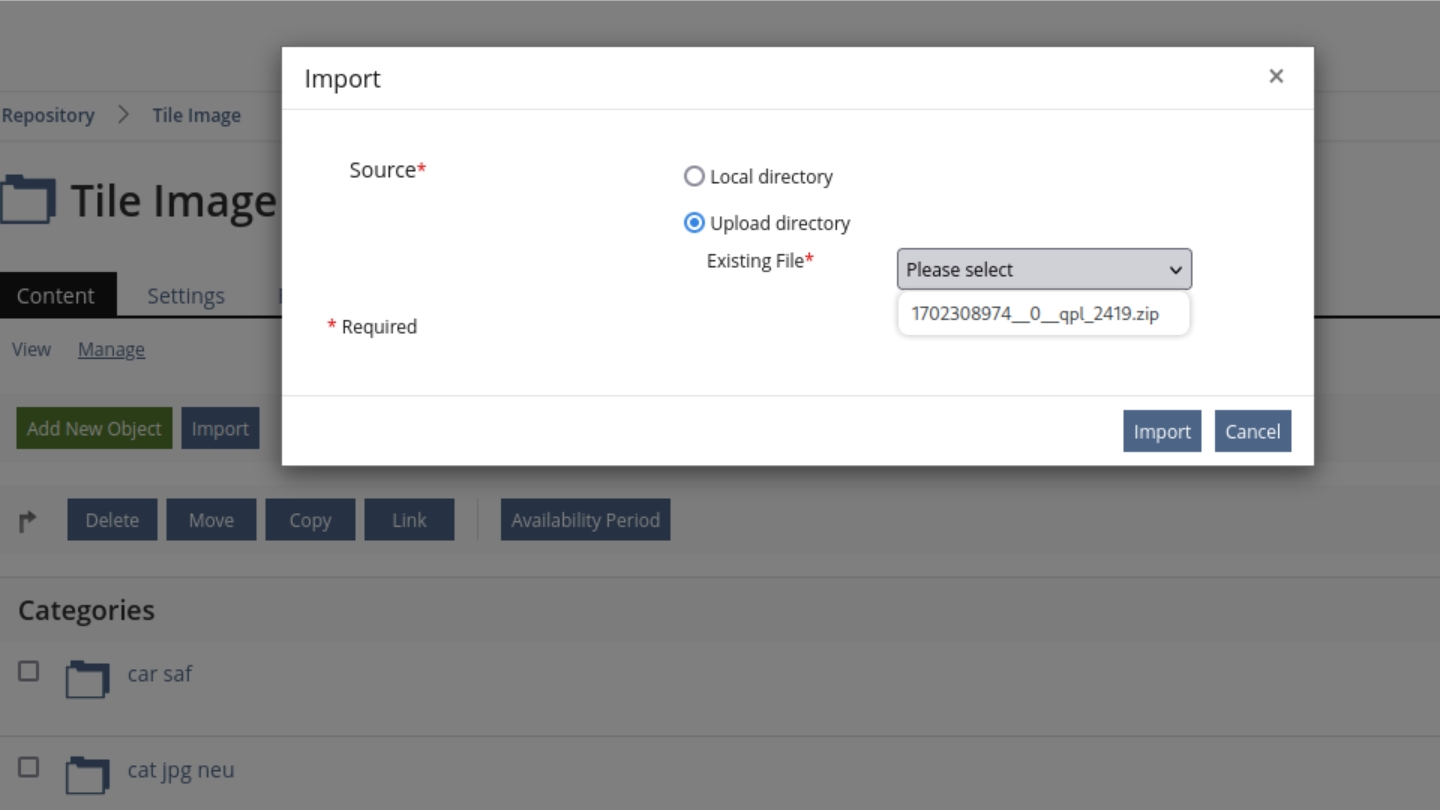 Shows the "Import" modal in the case that a folder for imports is available on the server. It shows a select inputs where you can choose if you want to import a file from your computer or a file already on the server.