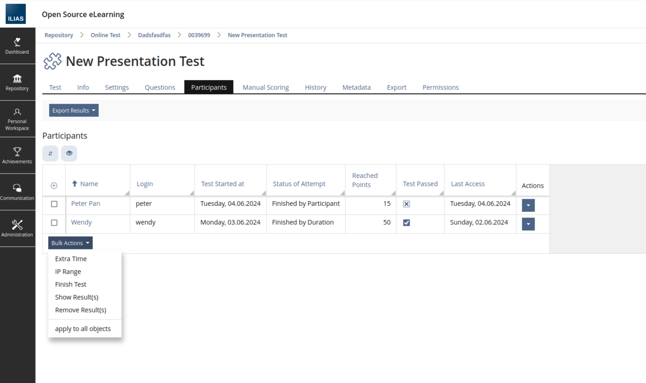 Shows the table in the tab "Participants" now also showing the columns "Reached Points" and "Test Passed". Also actions to "Show Result(s)" and "Remove Result(s)" are available in Bulk-Actions.