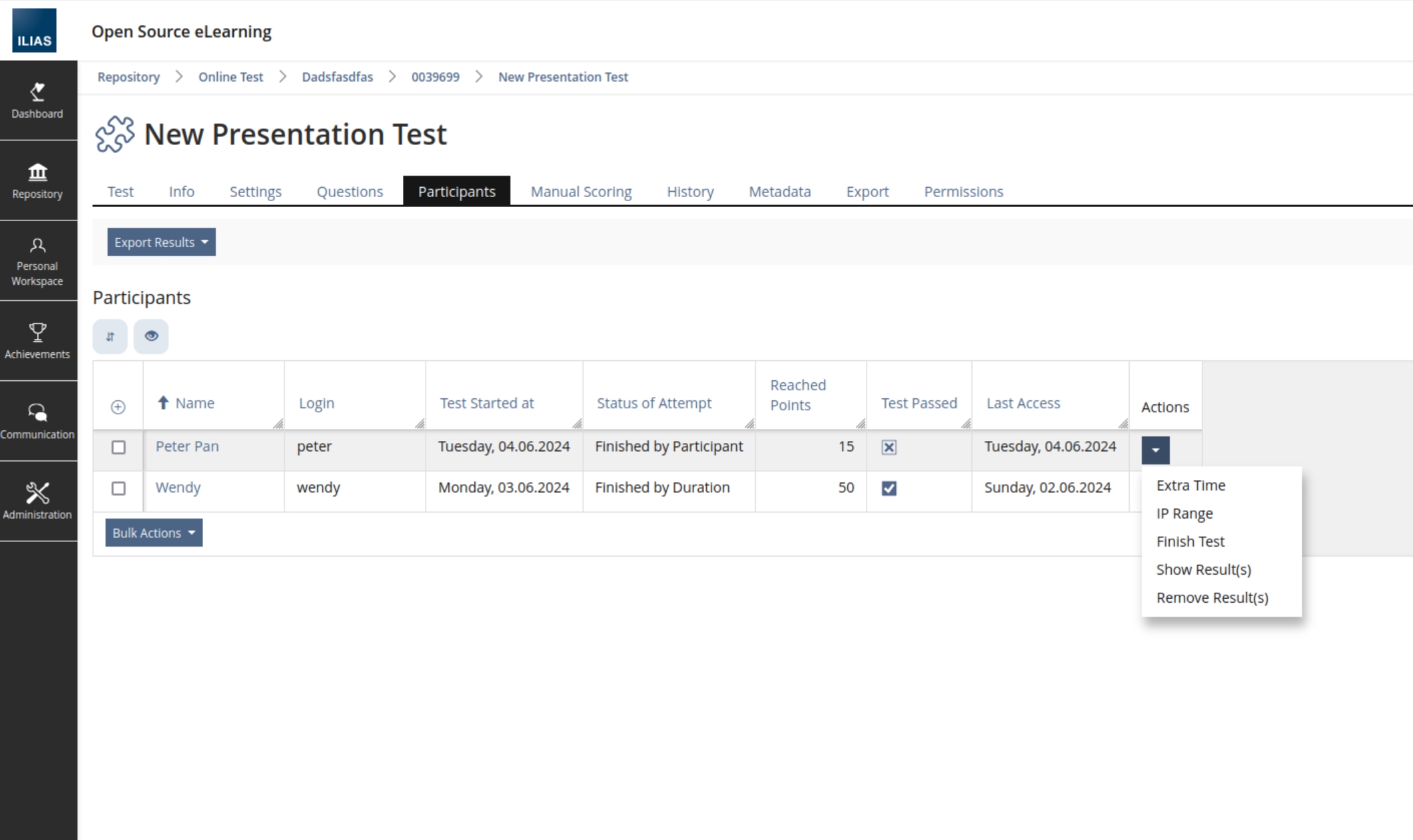 Shows the table in the tab "Participants" now also showing the columns "Reached Points" and "Test Passed". Also actions to "Show Result(s)" and "Remove Result(s)" are available in Single-Actions.