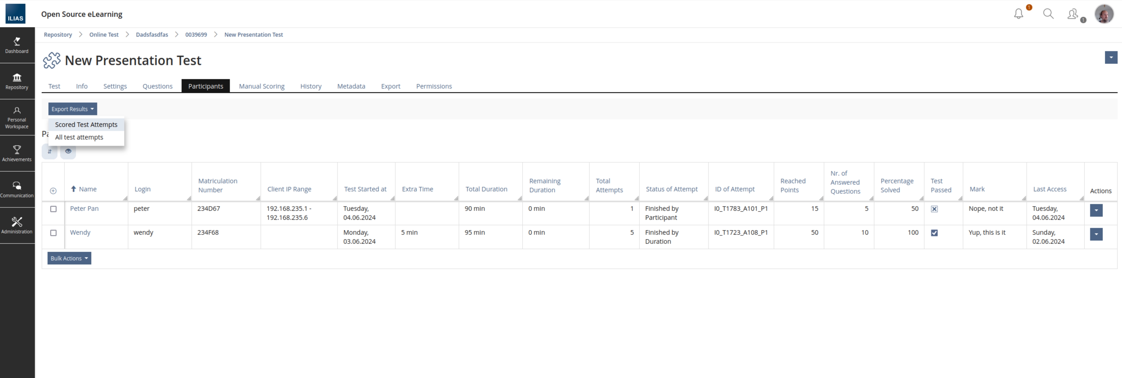 Shows the table in the tab "Participants" now also showing the columns "Matriculation Numbe", "Total Attempts", "ID of Attempt", "Reached Points" "Nr. of Answered Questions", "Percentage Solved", "Test Passed" and "Markk. Also actions to "Show Result(s)" and "Remove Result(s)" are available in Single-Actions.