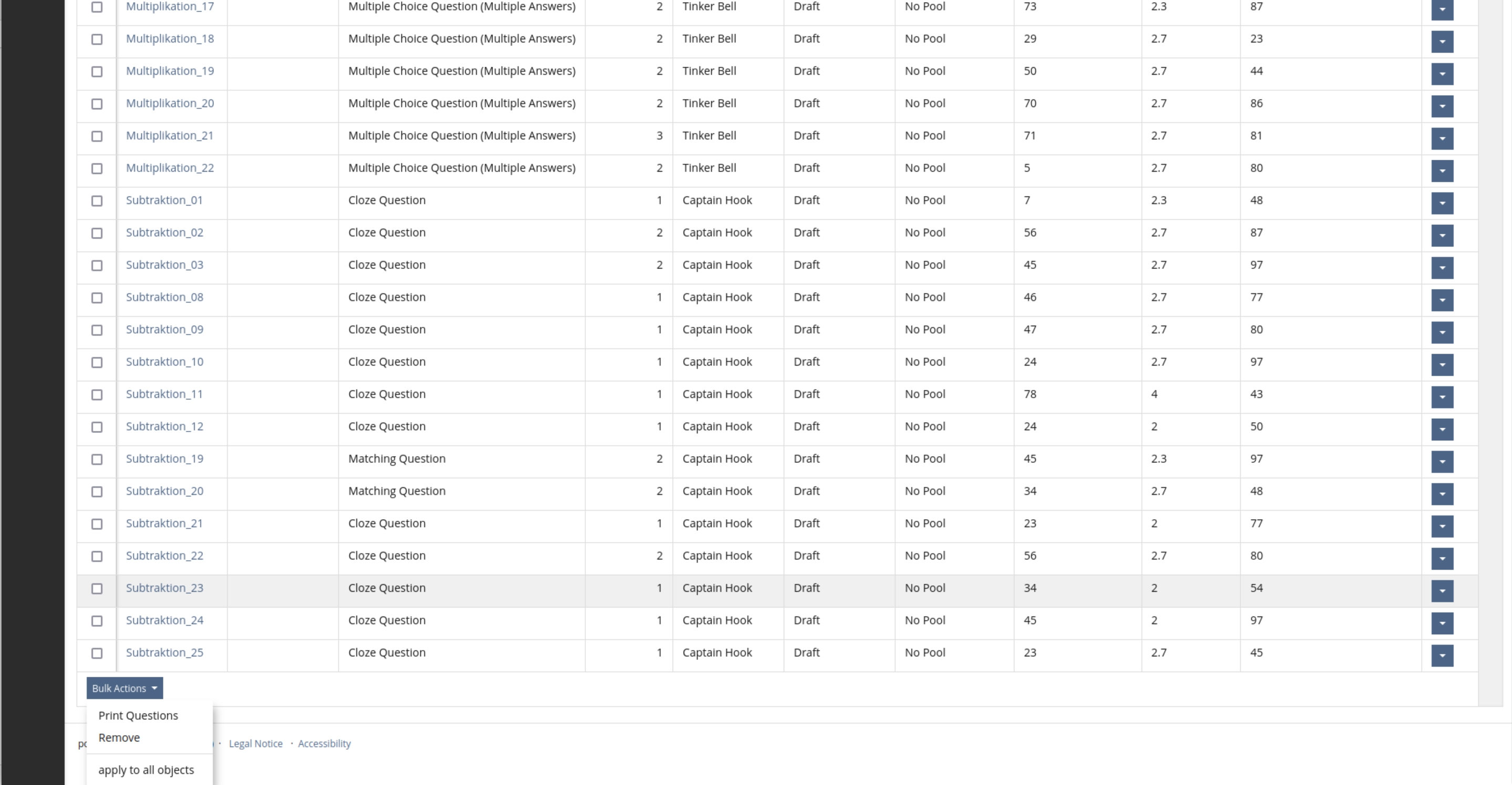 Shows the table under "Questions » Questions" in a test with random questions presenting the new tab "Questions". The test already contains participant data. The bulk action dropdown is open and shows the actions, "Print Questions" and "Remove".