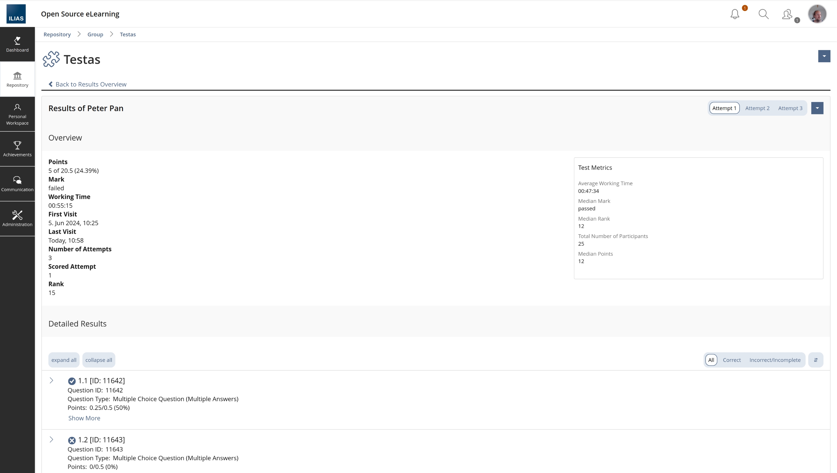 Shows a standard panel containing first an overview of some metrics for the participant and then a list with the results per question. A view control allows to switch between attempts. Printing and display of best solution is in an action dropdown