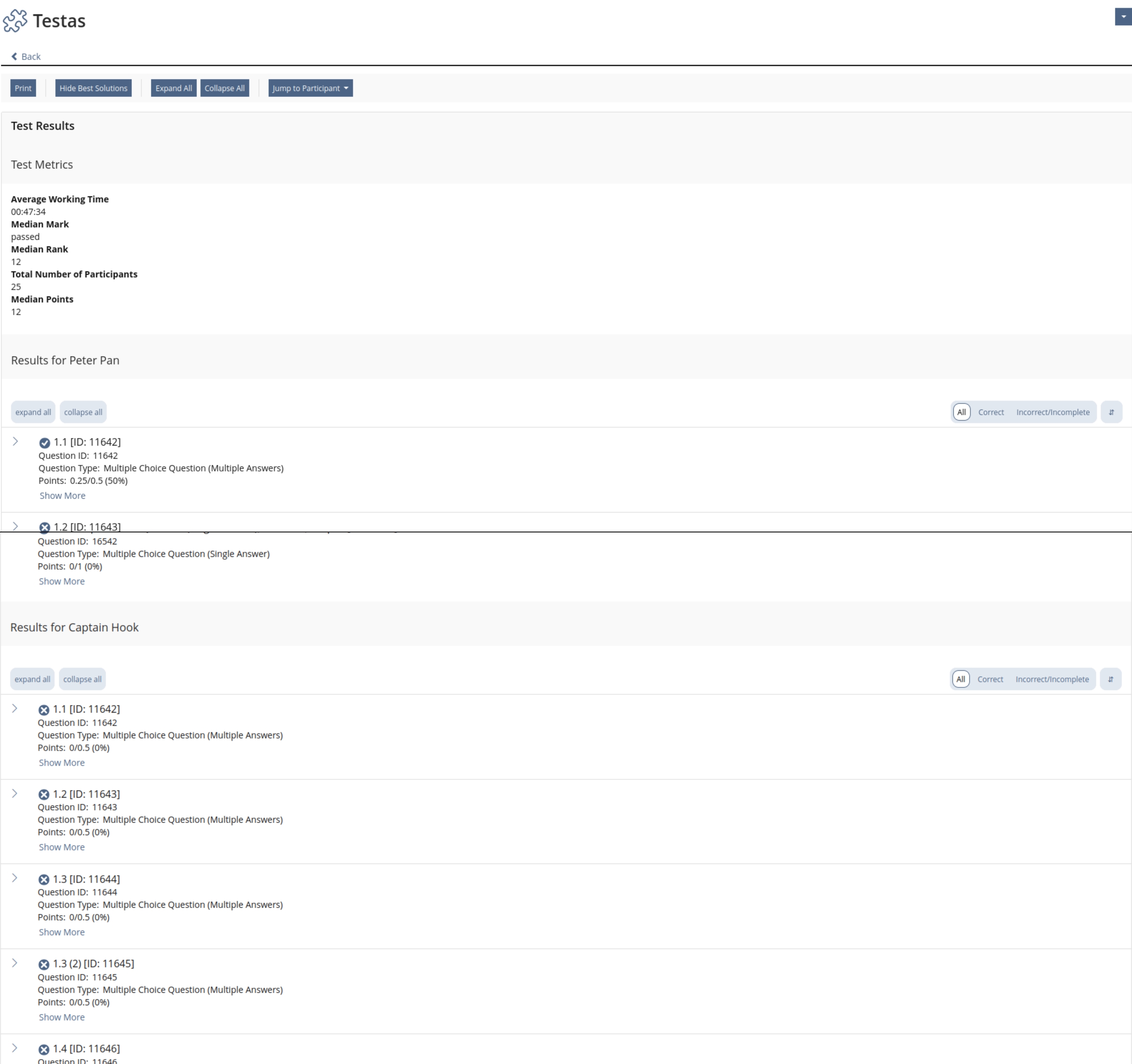 Shows a result panel containing first an overview of some metrics for the test and then subpanels for each participant with a list with the results per question. Printing, display of best solution, two new buttons "Expand All", "Collapse All", and a dropdown to jump to the results of a participant are in a toolbar.