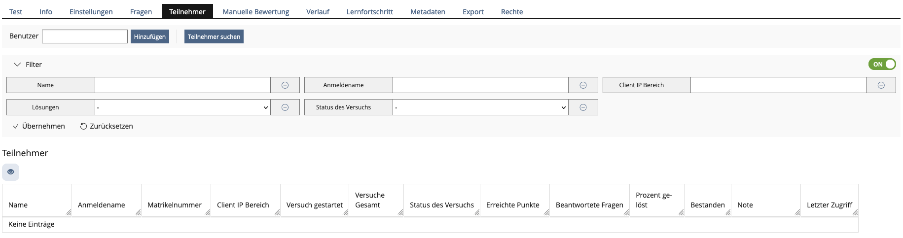 Screenshot Participants Tab in Test Object ILIAS 10