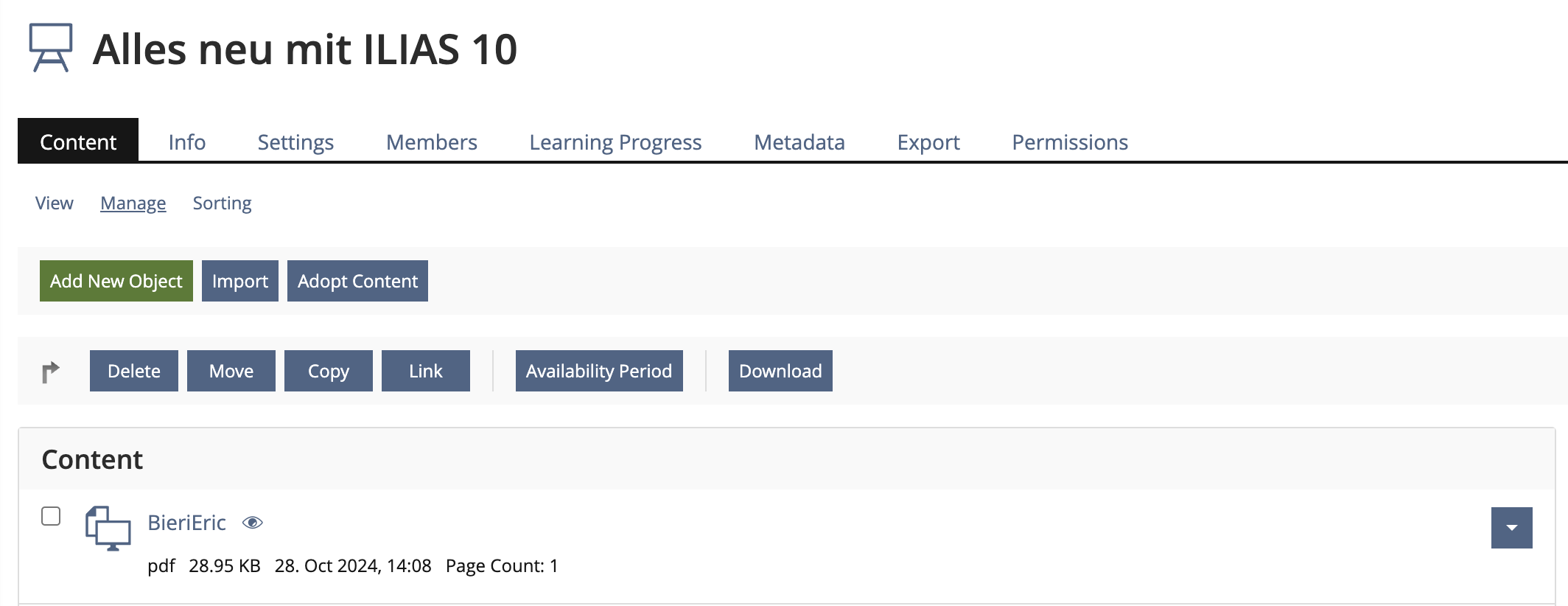 View of Manage Subtab with all action buttons