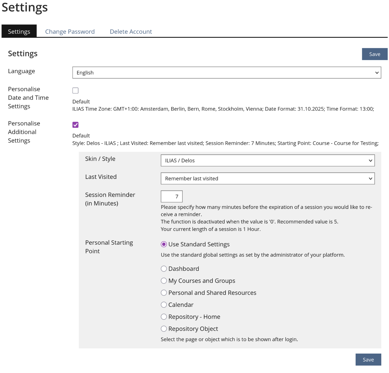 In the personal settings form a section will only be shown, if the user has actually personalised something. Otherwise the section will be collapsed but showing the default values.