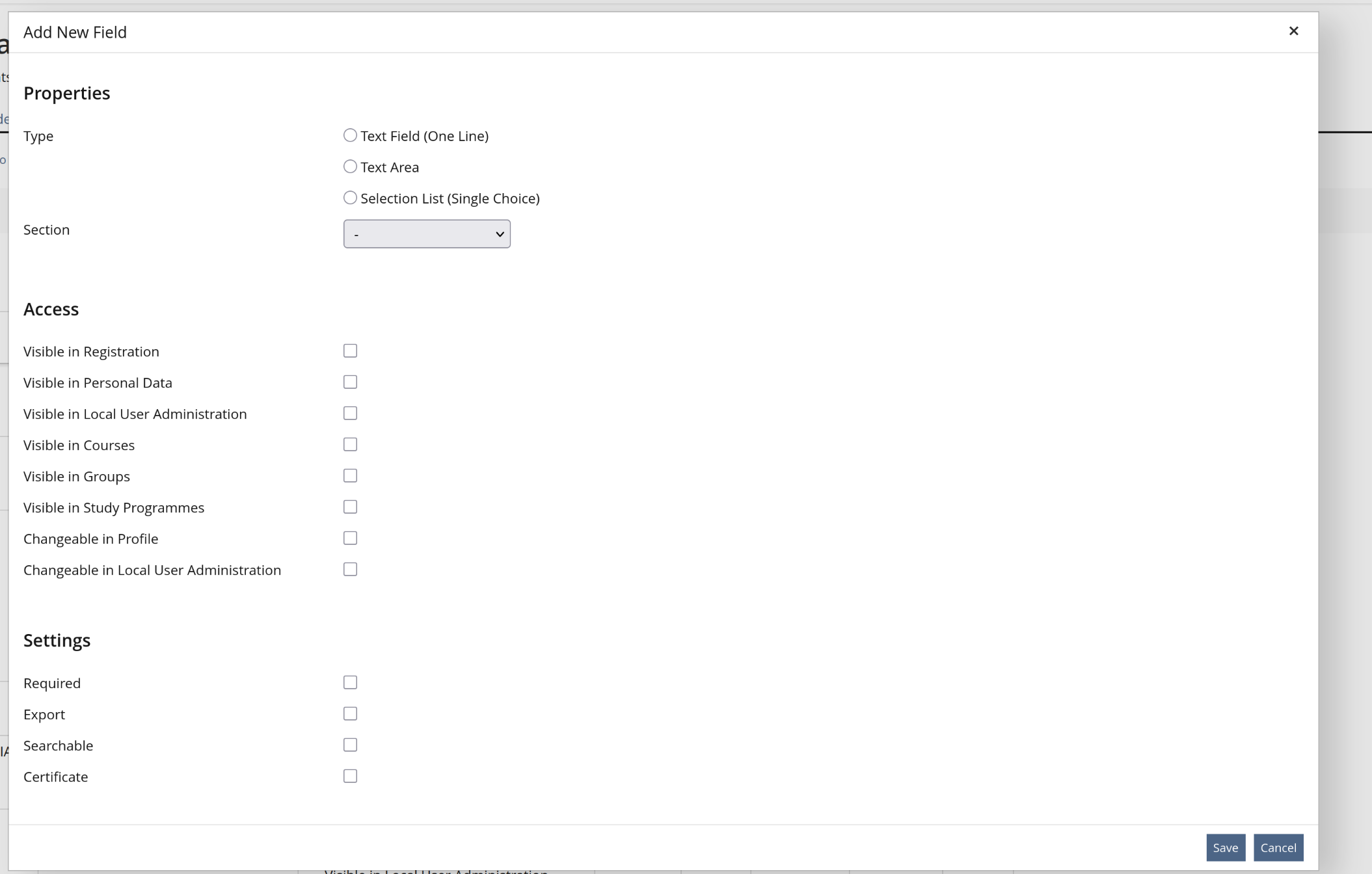 The dialog is basically identical to the edit dialog, but the type of the field is presented as a switchable group, containing an additional input, if available.