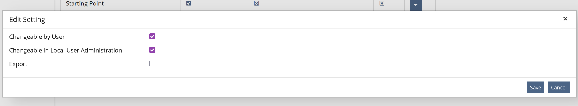 The form to edit settings is reduced to only three checkboxes: Changeable by User, Changeable in Local User Administration, Export.