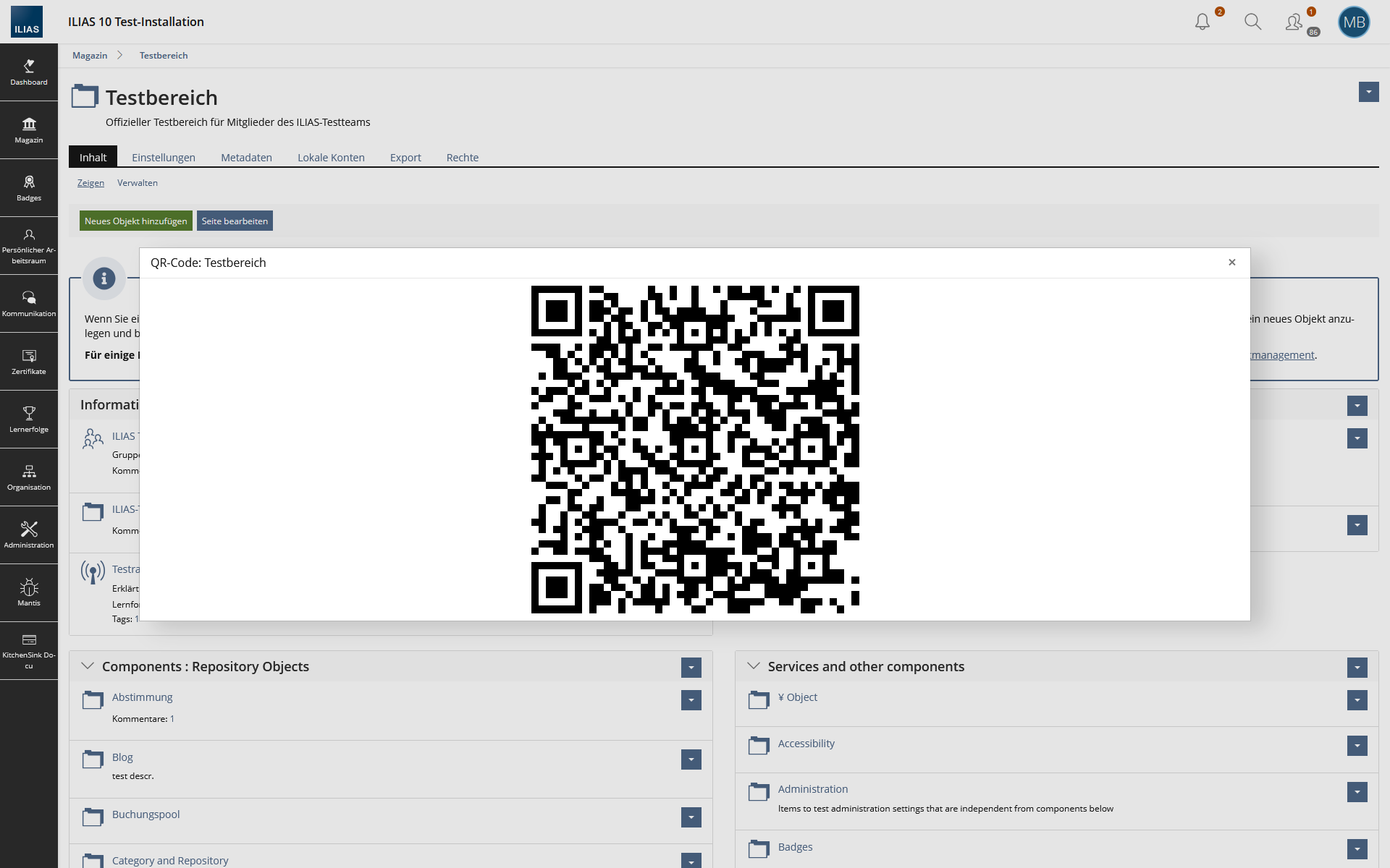 Display a modal containing the QR code for the object's permalink