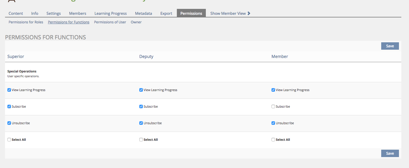 Example for a "Permissions for Functions" screen at a Course.