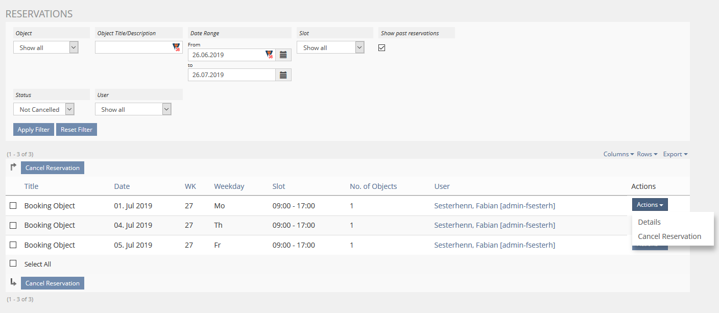 Custom Booking Data - Reservation View + Action menue