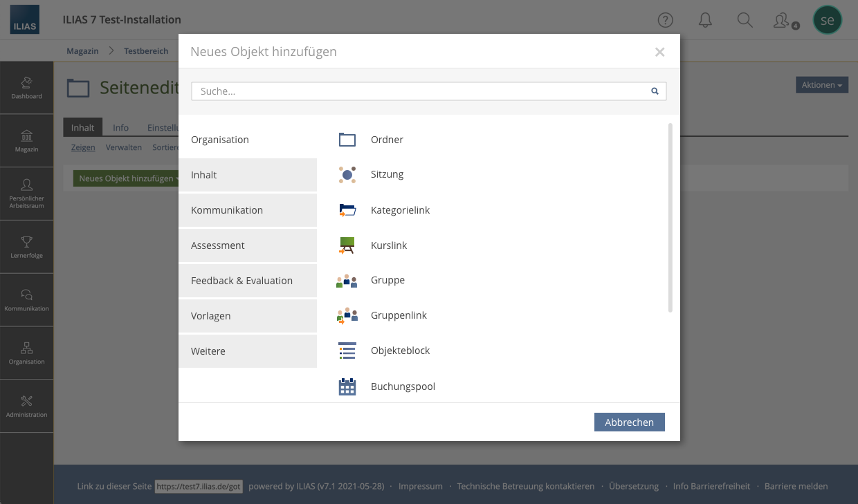 A modal containing a search/filter-input at the top and a drilldown-menu shown in two columns below is displayed. The drilldown-menu shows the object-categories on the left side and a list of objects on the right.