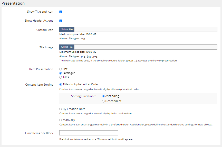 settings of a category