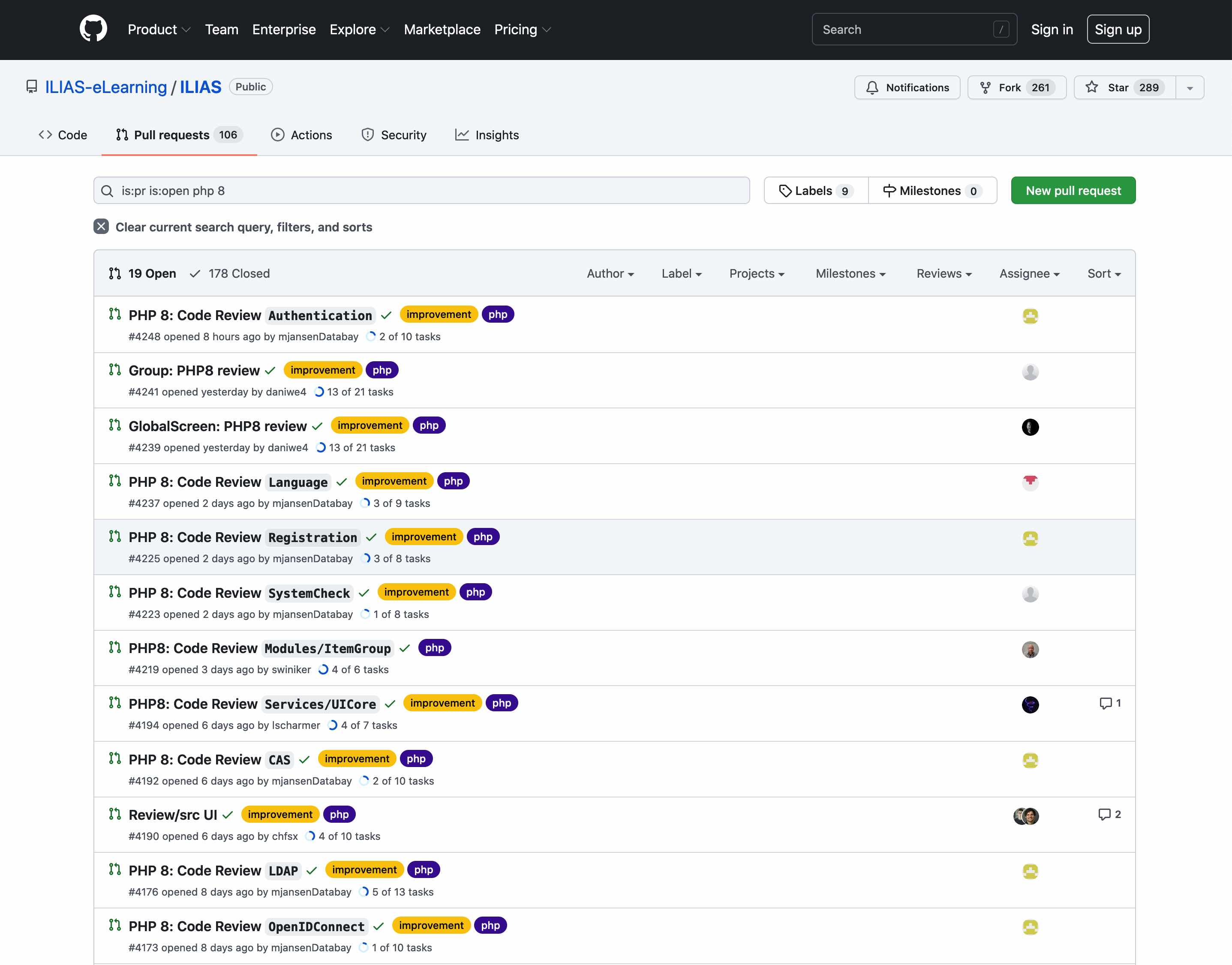 Screenshots einiger ILIAS-PHP-8-Reviews auf GitHub