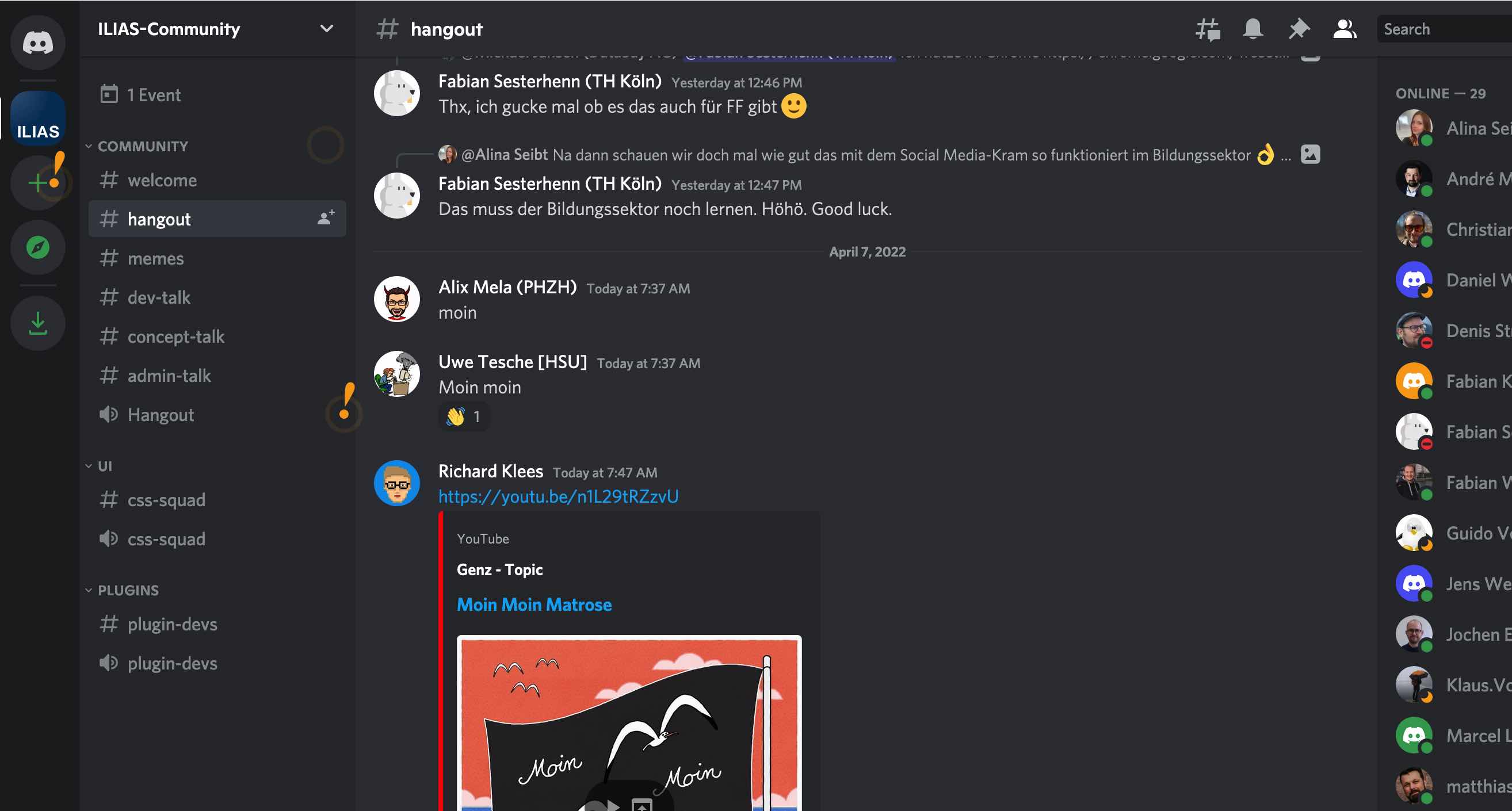 Screenshot des ILIAS-Discord-Servers