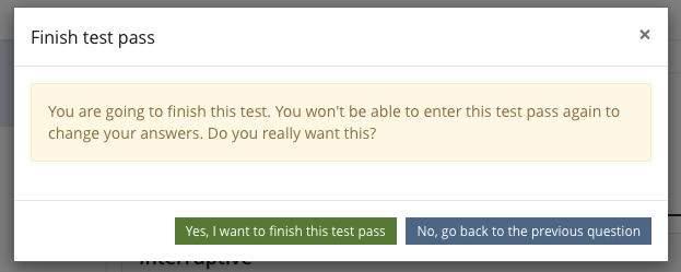 Mockup Modal "Finish Test" with one or more test passes left.