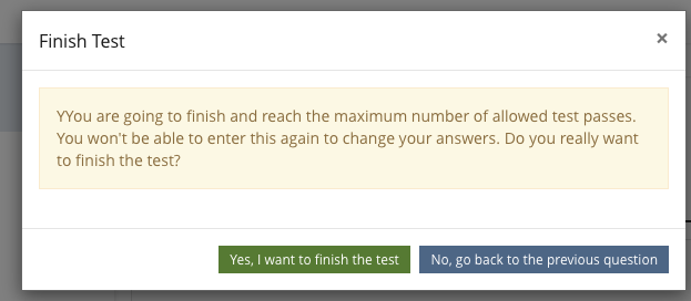 Mockup Modal "Finish Test" with no test passes left.