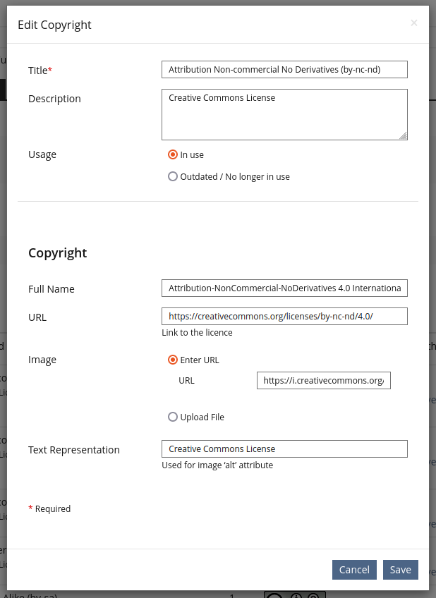 'Edit Copyright' form in a modal