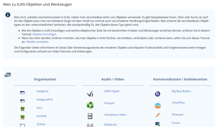 Übersicht über ILIAS-Objekte in der Toolbox
