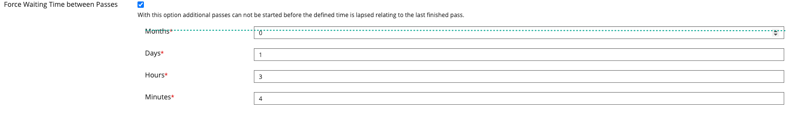 Screenshot Setting Force Waiting Time between Passes with a line through Months to visualize the element which is to be removed with this dev issue. 