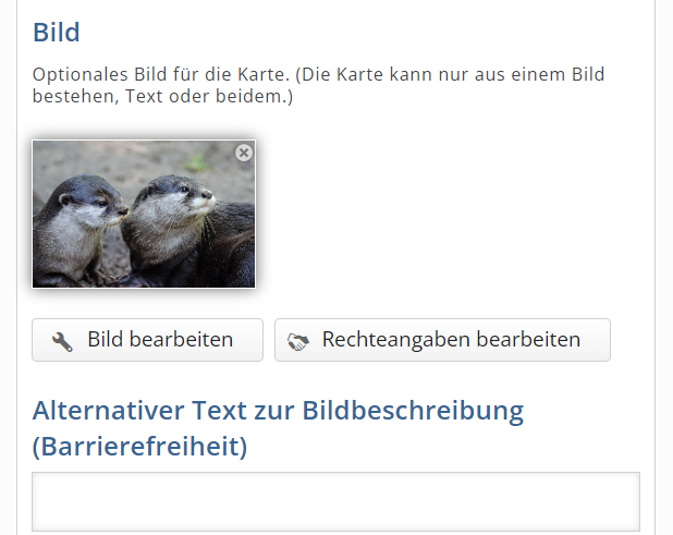 Screenshot H5P: Vorschaubild des genutzten Bildes, darunter Schaltflächen "Bild bearbeiten" und "Rechteangaben bearbeiten".