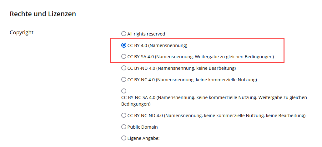 Abschnitt "Rechte und Lizenzen", Auswahlliste mit möglichen Lizenzen: zuerst "All rights reserved", dann folgen CC-Lizenzen inklusive Public Domain, zum Schluss "Eigene Angabe".