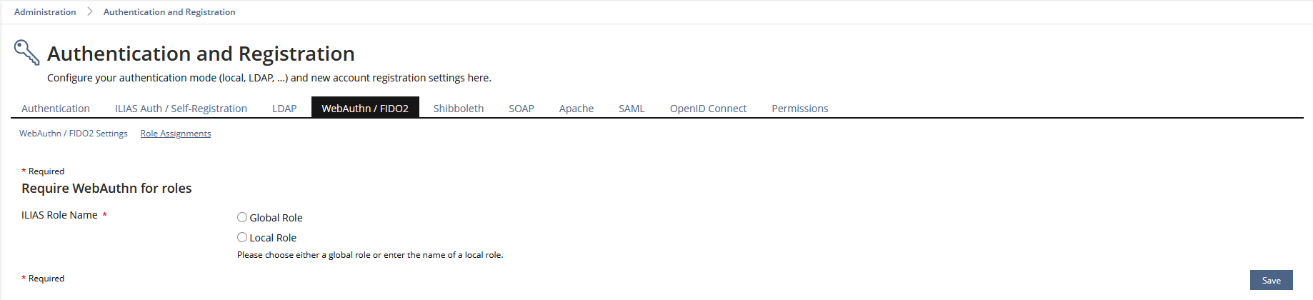 A new sub-tab in the Administration in Authentication and Registration is added for Role Assignments in WebAuthn / FIDO2