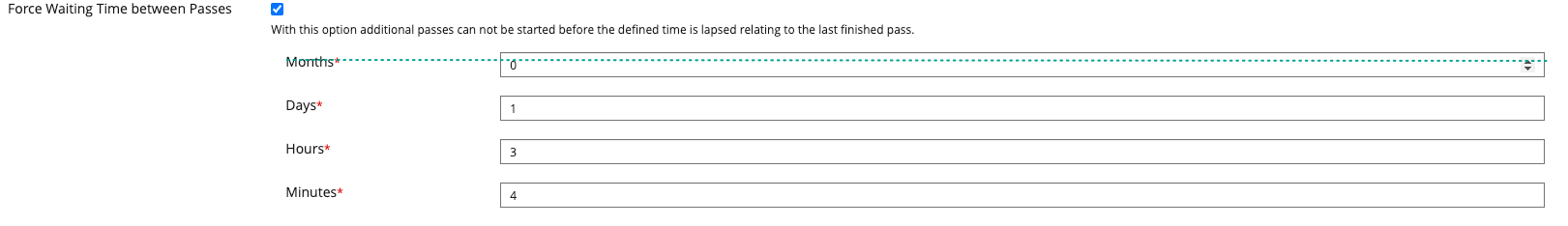 Screenshot Setting Force Waiting Time between Passes with a line through Months to visualize the element which is to be removed with this dev issue.