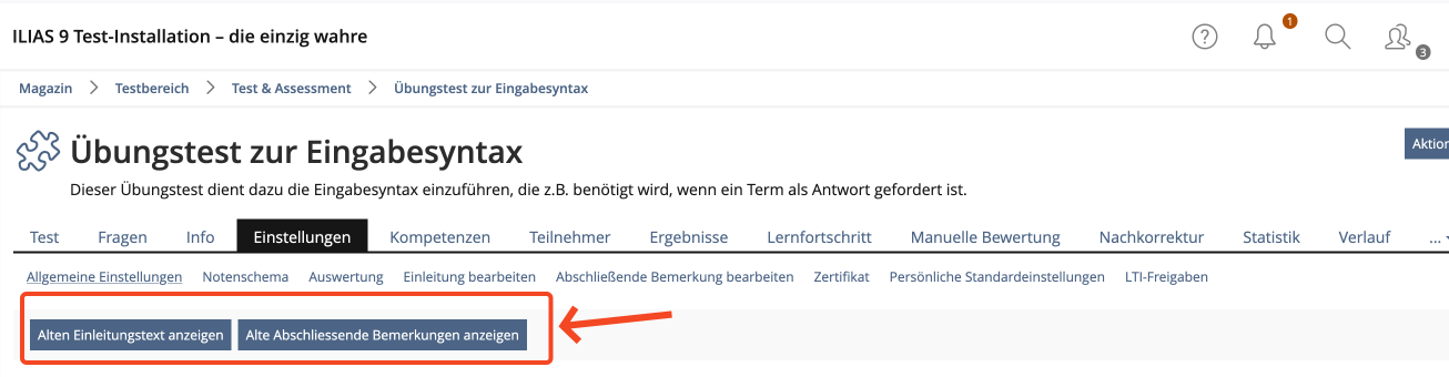 Screenshot of the Settings Tab of an ILIAS 9 test object.