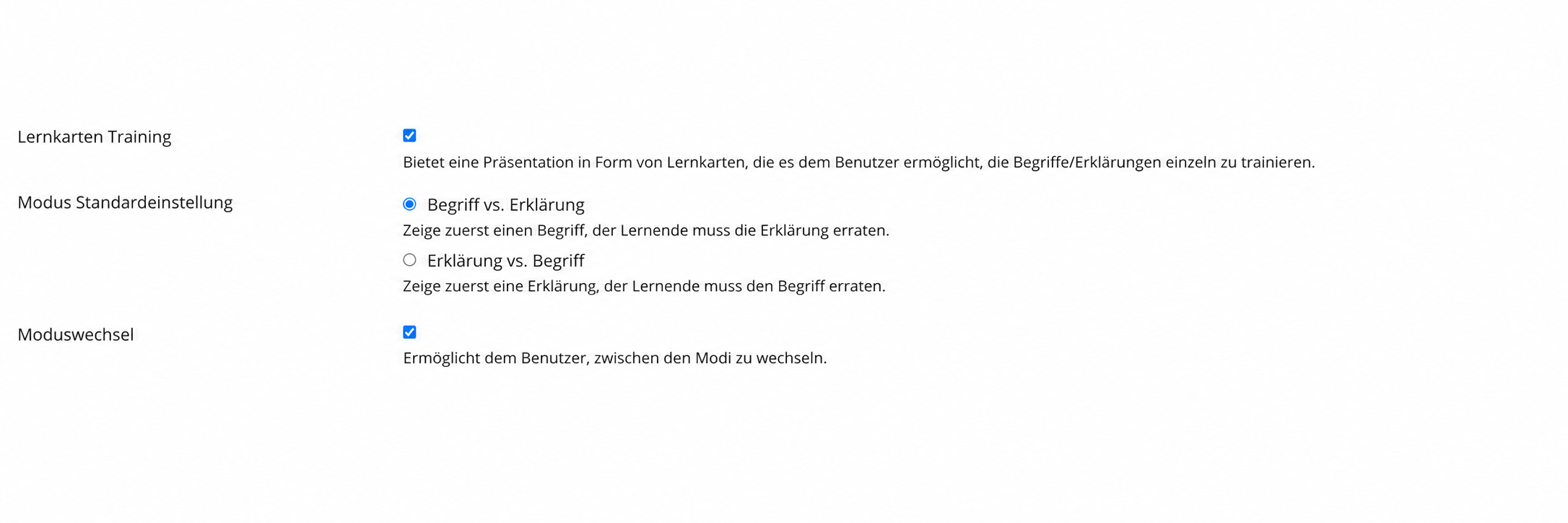 Glossary settings: enable/disable individual mode switching