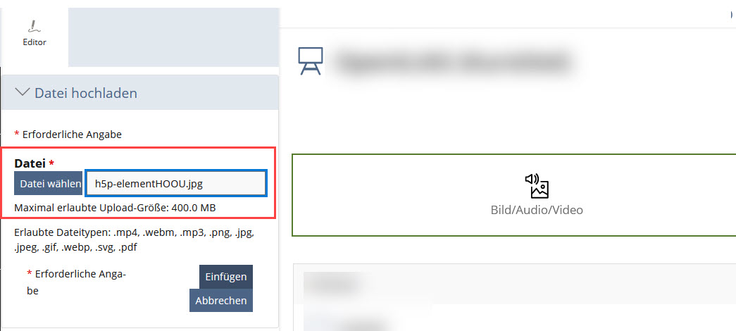 Im Akkordeon Datei hochladen in ILIAS 9.3